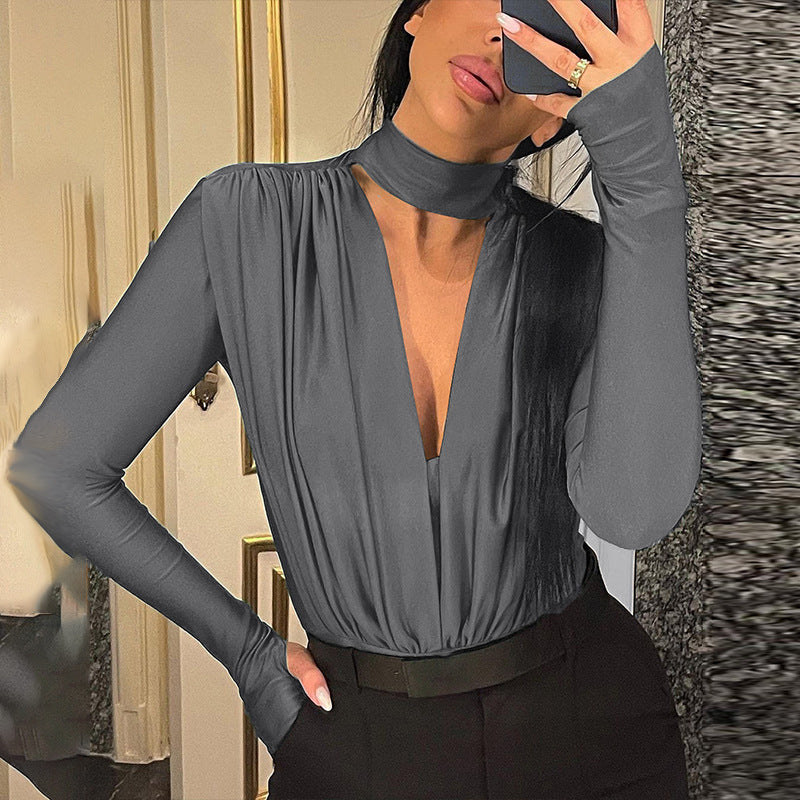 Sexy V-Neck Slim Fit Long Sleeve Jumpsuit with Splice Design