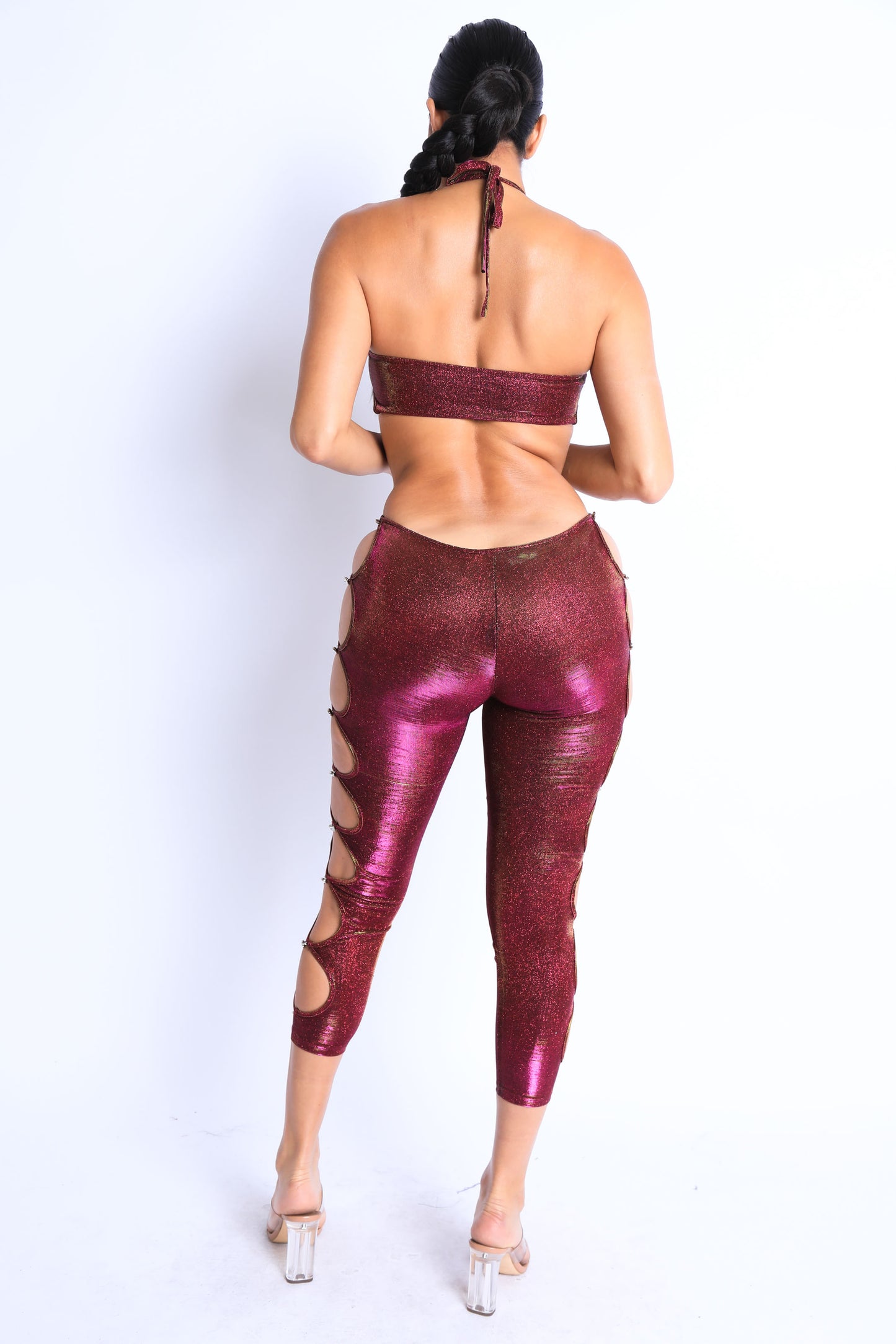 Glittery Cutout Halter Neck Keyhole Sexy Party Jumpsuit FUCHSIA/GOLD